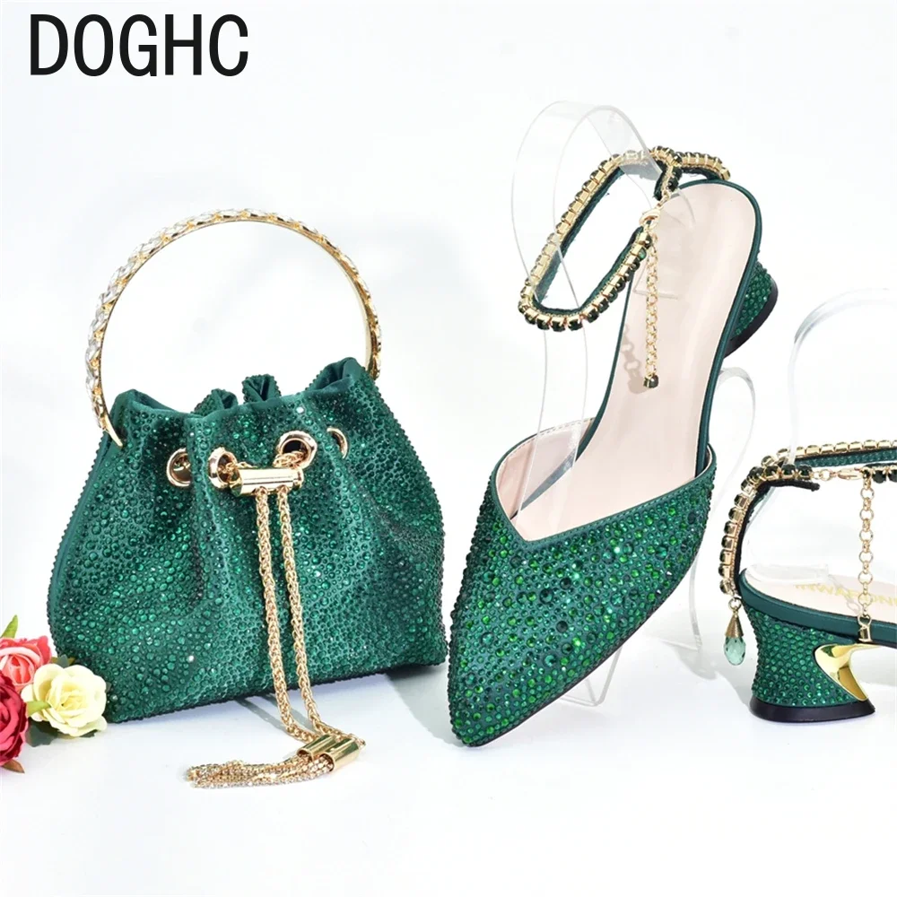 

New Arrival Stylish Shoe and Bag African Design Ladies Shoes and Bag Set Decorated with Rhinestone Pointed Toe High Heels Women