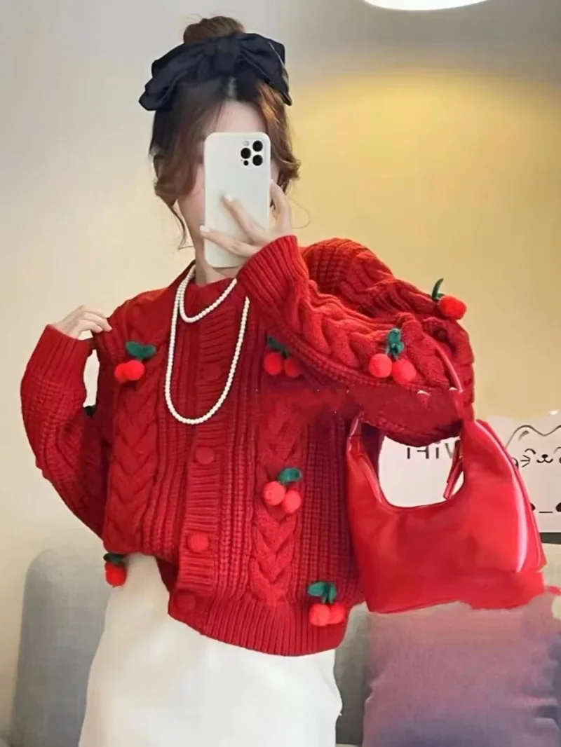 Kimotimo Kawaii 3D Cherry Cropped Cardigan Womem Autumn Winter Loose Lazy Knitted Tops Korean Gentle Sweet Twisted Sweater Coat