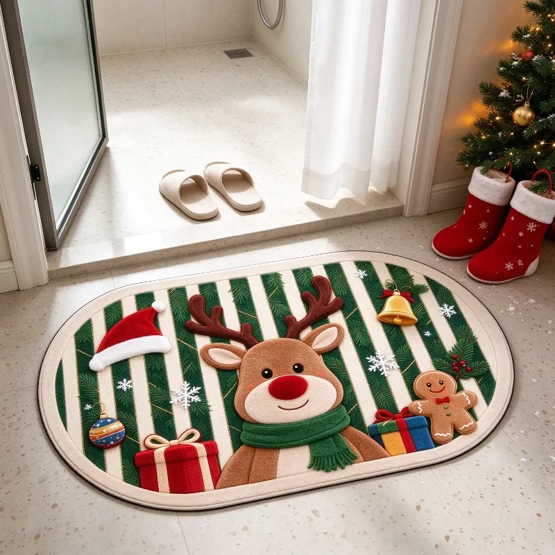 Oval Striped Welcome Doormat with Christmas Reindeer Xmas Decor eye-catching seasonal piece to enrich your holiday entry scene