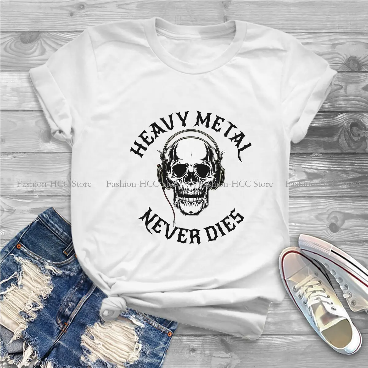 NEVER DIES SKULL WEARING HEADPHONES Round Collar Polyester TShirt Heavy Metal Basic T Shirt Woman's Tops