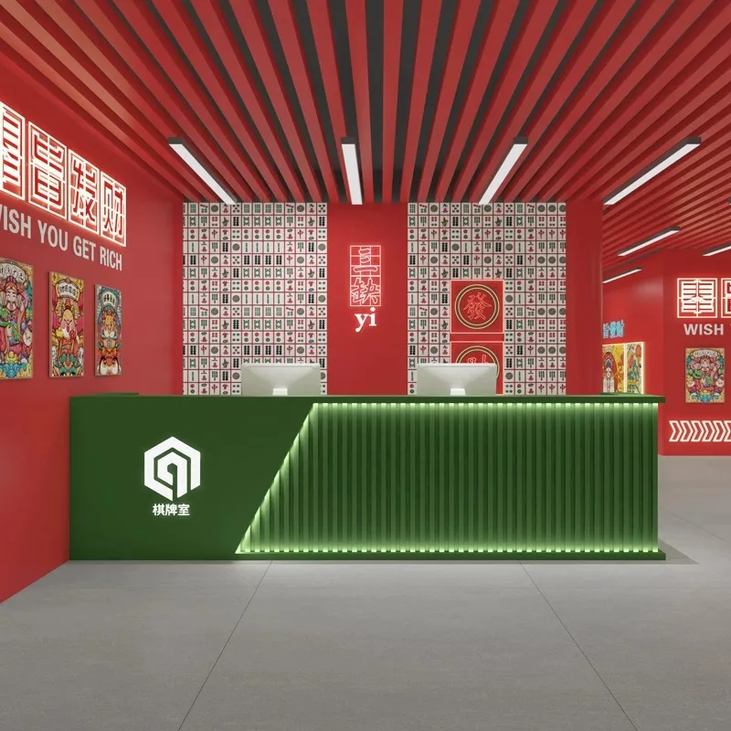 Nuevo estilo chino Guochao Noodle House Sala de ajedrez y cartas Bar página de caja Hot pot restaurante Catering tienda pintado verde Rece