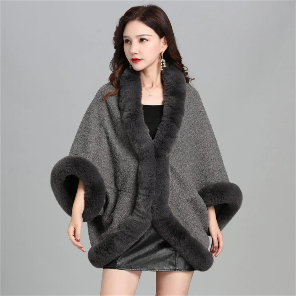 6 farben Winter Frauen Kurze Streetwear Mantel Faux Kaninchen Pelz Kragen Granulat Samt Cape Poncho Batwing Ärmeln Lose Mantel