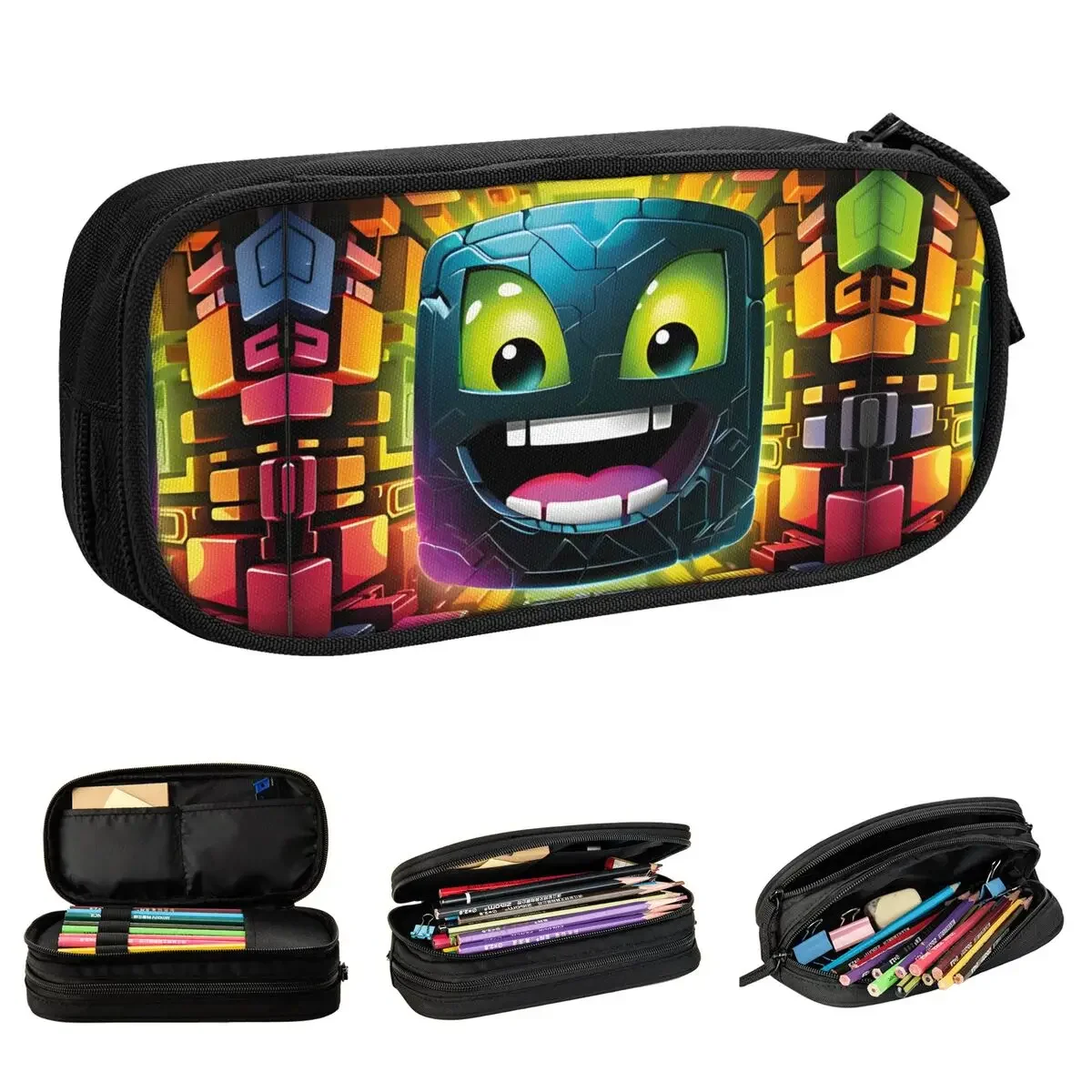 

Geometry Dash Happpy Pencil Case Geometric Dash Video Game Pen Box for Student Large Storage Bags Supplies Zipper Accessories