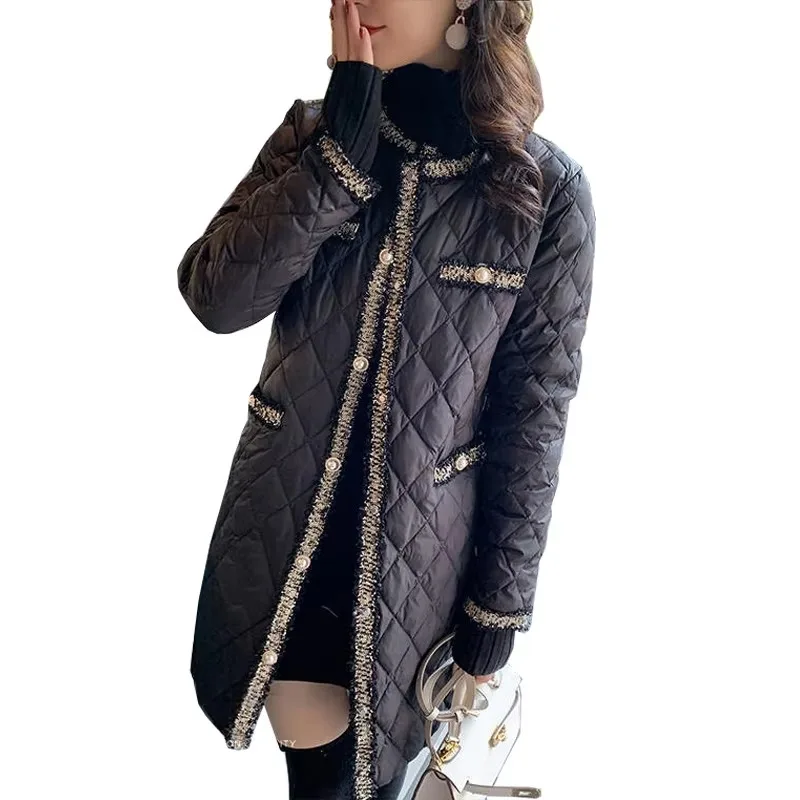 2023 Winter Wadded Coat Women Elegant O Neck Button Lightweight Long Warm Outerwear Tassels Patchwork Female Black Padded Jacket