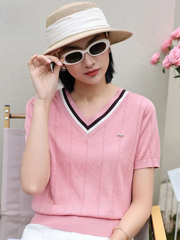 Suéter de Verano de Manga Corta para Mujer, Estilo Casual, Cuello en V, Corte Regular, Diseño King Nuo Li Person, Moda 2025