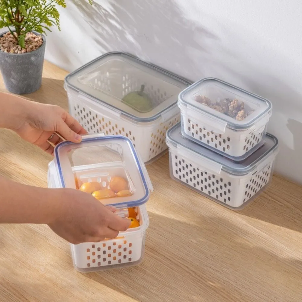 3Pcs/Set Double Layer Food Storage Containers Draining Reusable Fruit Storage Containers Sealed Removable Colander