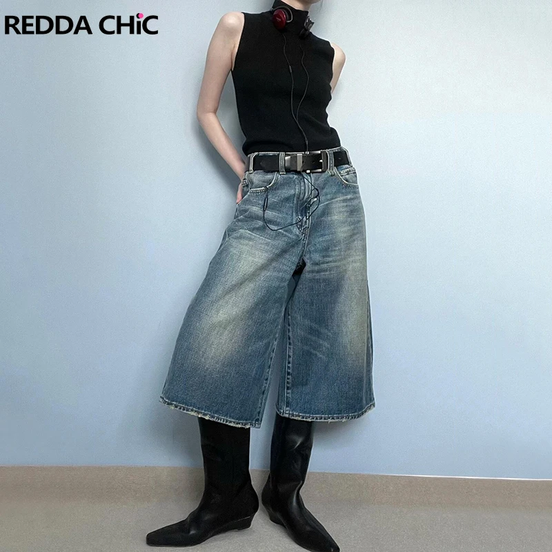 

ReddaChic Denim Blue Gradient Women Baggy Jorts Low Rise Whiskers Frayed Ombre Casual Wide Short Pants Summer Korean Streetwear