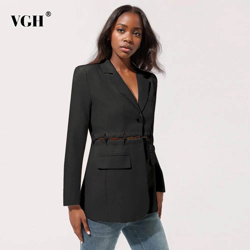 

VGH Solid Hollow Out Casual Blazers For Women Notched Collar Long Sleeve Patchwork Button Minimalist Blazer Female Fashion New