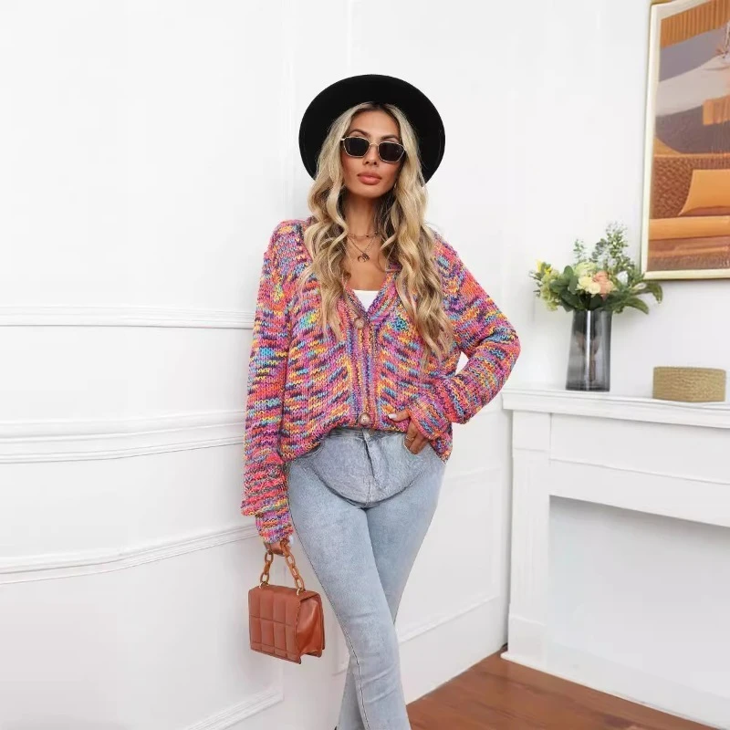 

YYAHAHAS 2025 Winter Korean Fashion New Rainbow Short V-neck Top Cardigan Knitted Button Large Coat Female Clothing