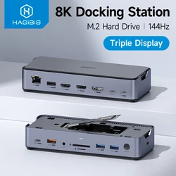 Hagibis USB C Docking Station Typ C zu 8K DP HDMI-Kompatibel Triple Display M.2 SSD PD 3,0 RJ45 15 in 1 USB C HUB für PC Laptops