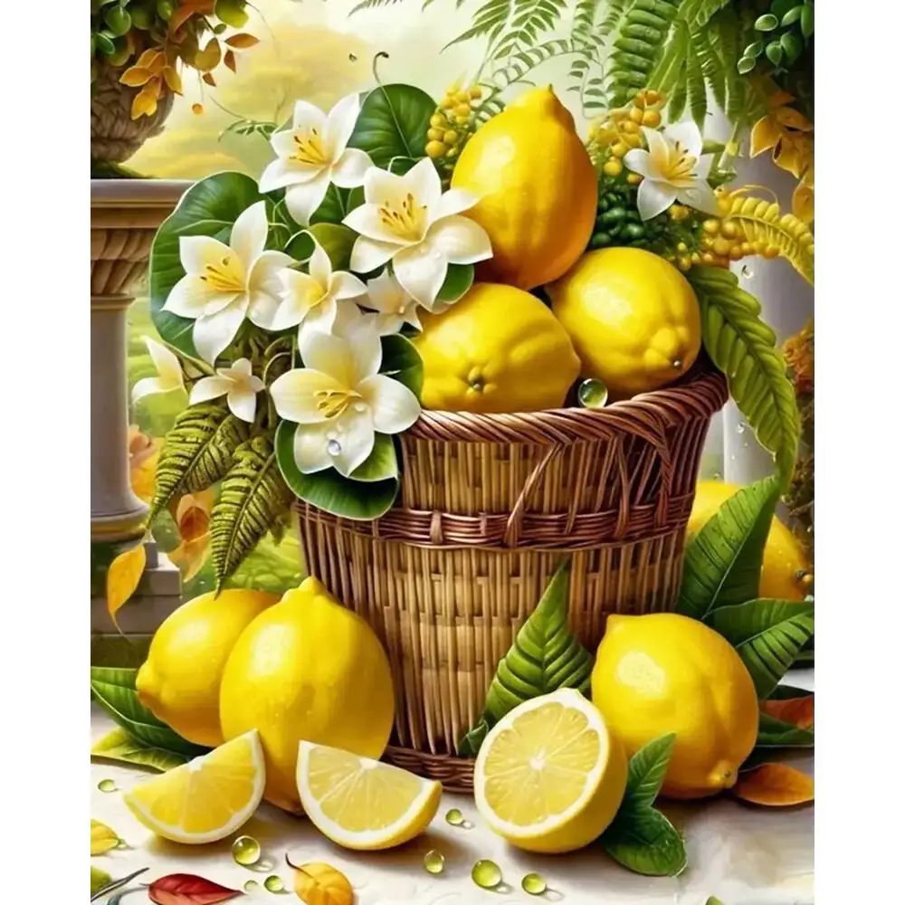 مجموعة طلاء مومورت للبالغين فاكهة الليمون DIY على القماش اللوحة بالأرقام زهرة فن الرسم الوافدين الجدد رسمت باليد