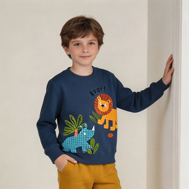 Boys 100% Cotton Pullover Hoodies Sweatshirts Tops Jungle Lion Rhino Print Long Sleeve Kids Crew Neck Top