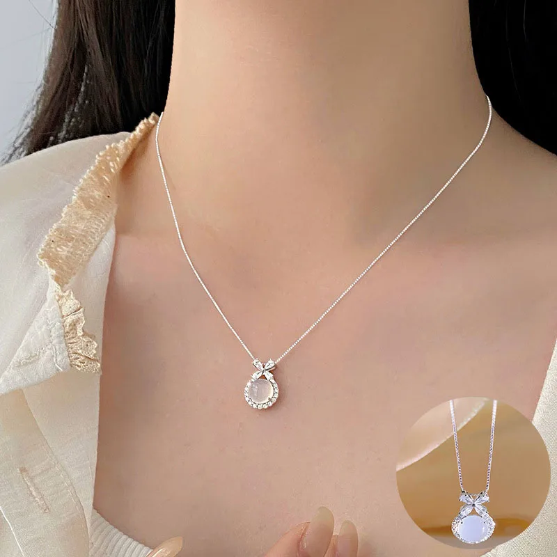 

100% 925 Sterling Silver Agate Geometric Necklace for Women Girl Fashion Simple Bowknot Design Jewelry Party Gift Dropshipping