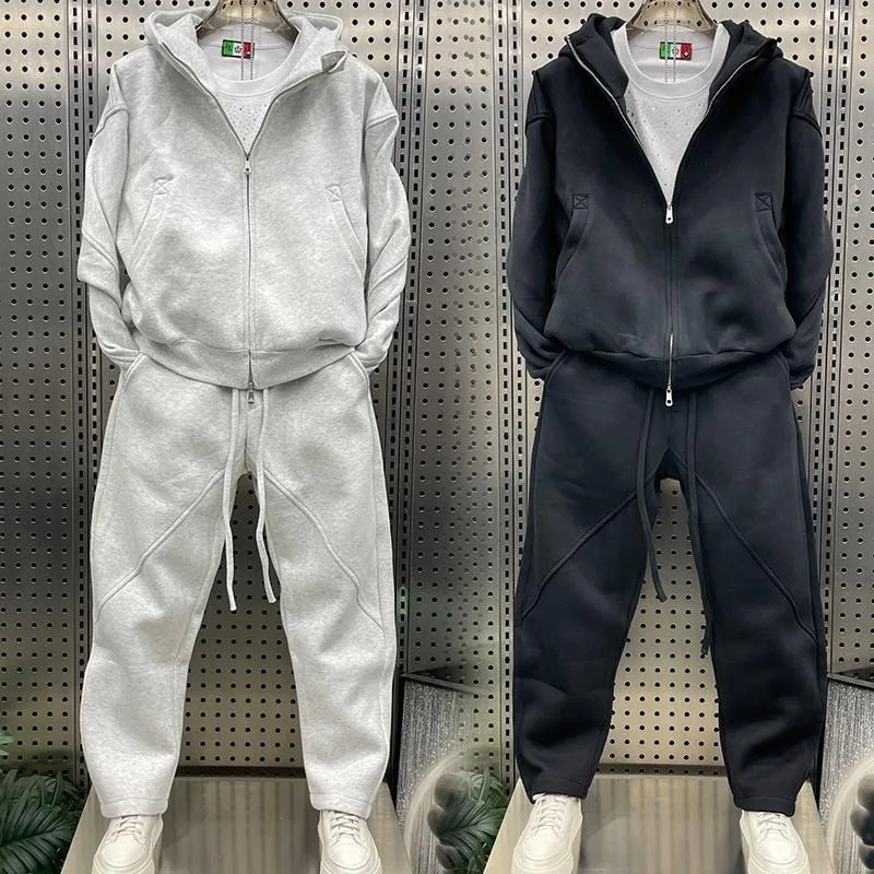 Autumn Winter Solid Color Casual Sportswear 2 Piece Set for Youth Loose Jacket Long Pants Couple Matching Daily Tracksuit