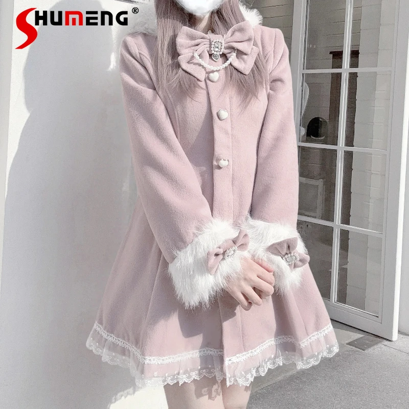 

New Japanese Rojita Detachable Hat Double Layer Thickened Wool Blend Wool Coat Cartoon Rabbit Ear Heart Button Overcoat Jacket