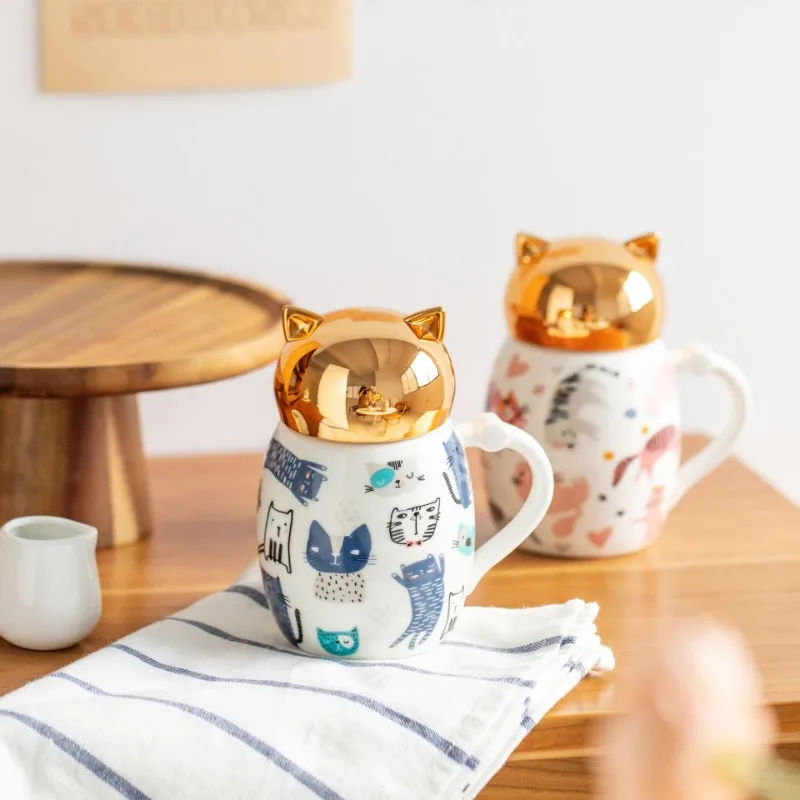 Gold Plated Cat Ear Lid Coffee Cup Large Capacity Ceramic Water Bottle with Cartoon Pattern with Cover Handle Breakfast Milk Cup