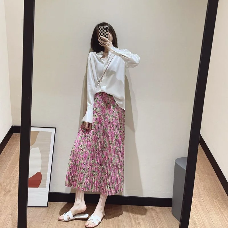 High Waist A-Line Long Skirt Floral Print Half-length Women's Fashion Retro Style Polyester Fiber Pure Color XierZ Alps Girl ...