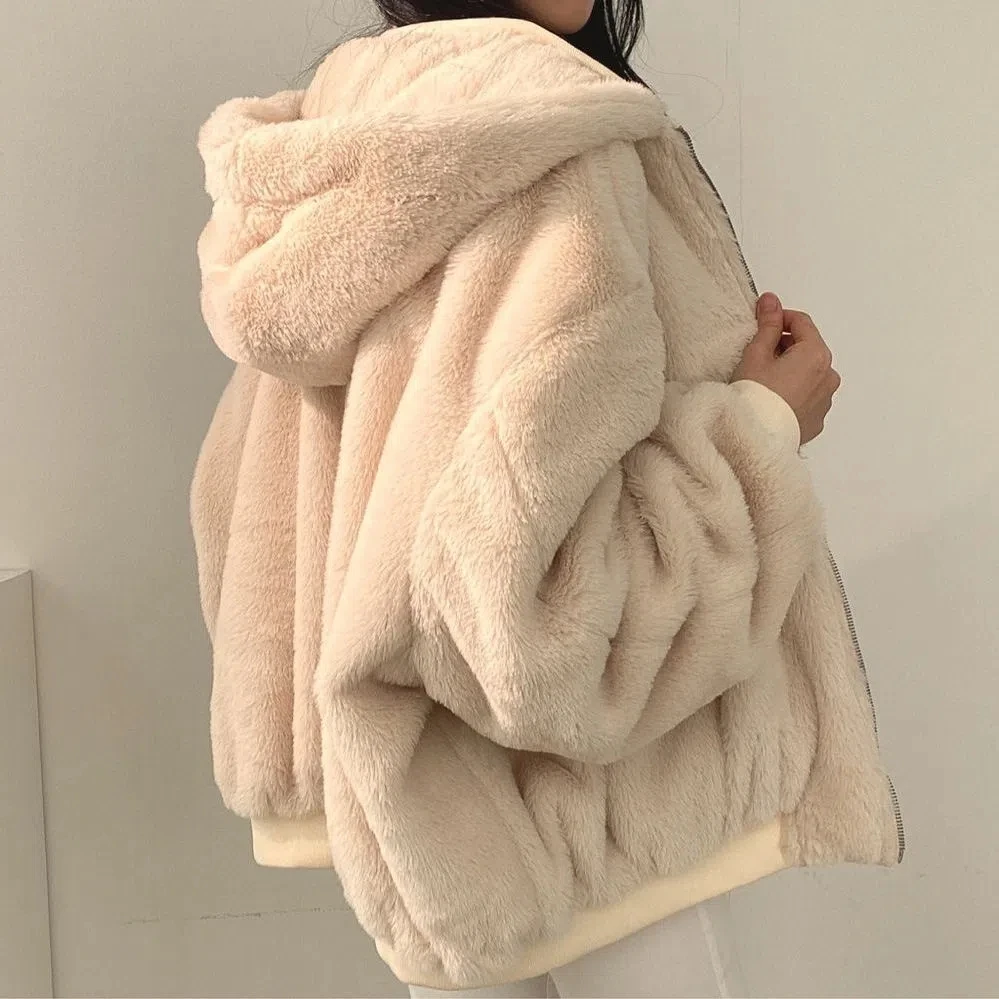 Casual Solid Warm Chic Hooded Coats Women Korean Harajuku Reversible Lambs Wool Parkas Streetwear Y2k Tech Winter Heavy Jackets