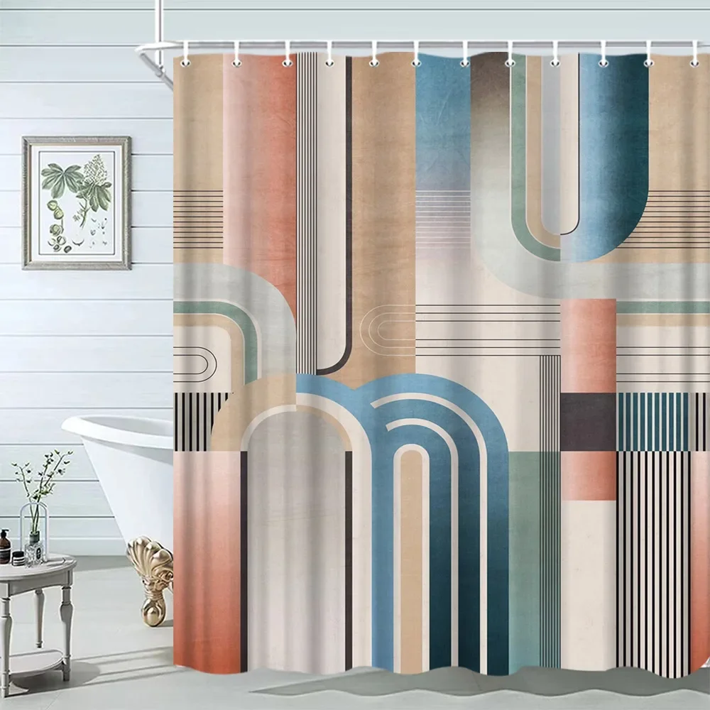 

Занавеска для душа середины века, черный, серый, коричневый, абстрактное солнце, геометрический, нейтральный, в деревенском стиле, современная арка, ткань, декор для ванной комнаты