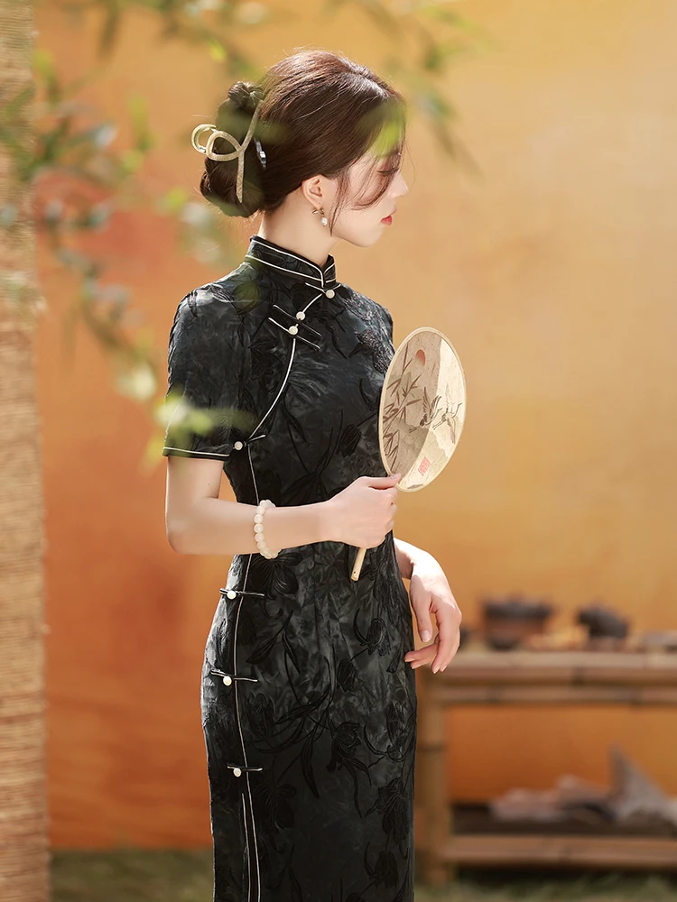 

Новое китайское платье-ципао для девочек, с эффектом тай-дай, приталенное, в национальном стиле, с длинным рукавом, миди, для повседневной носки