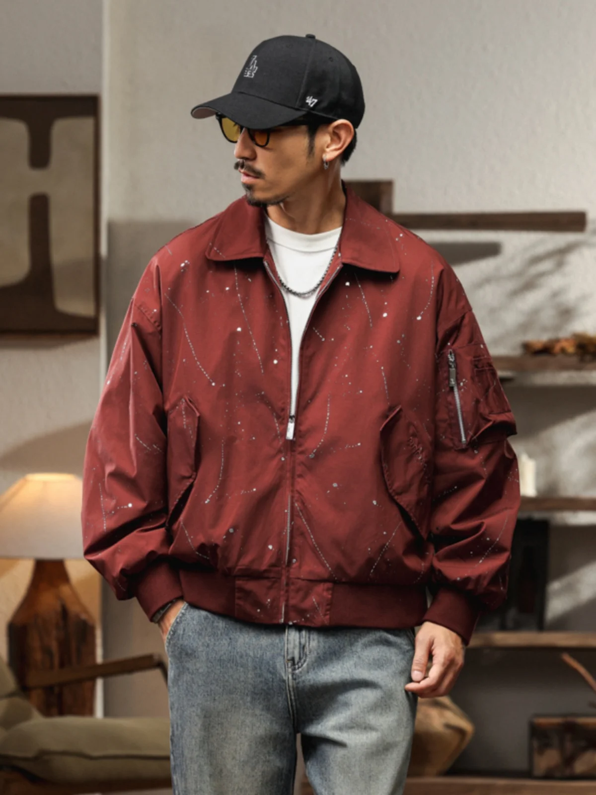 

Silver Ironing Proc Curved Blade Sve Jaet Men's Spring Autumn Loose Large Size American Trendy Pilot Collar Coat