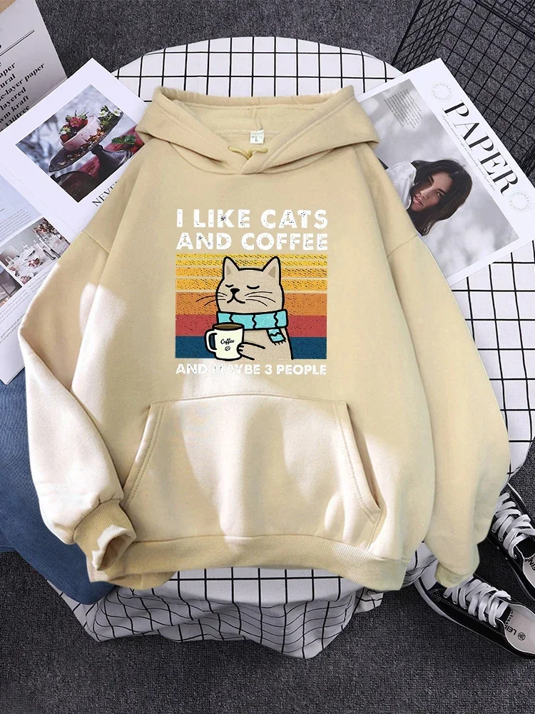 

Women Hoody Kpop Comfortable Tracksuit Solid Hooded Sportswear Personality Warm Female Pullover i like cats and coffee Printed