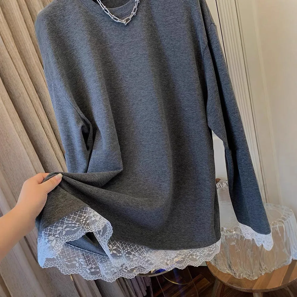 Koreański styl Jednokolorowe koronkowe topy Wiosna Jesień Dralon Koszulka z długim rękawem Wszechstronny oversize damski pulower