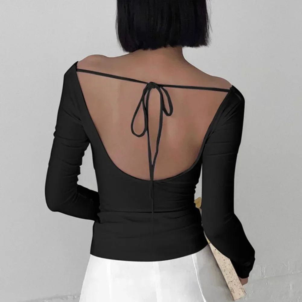 Ladies Solid Color Elegant Long Sleeve Off Shoulder Tops Slim Sexy Cropped T Shirt Women's Lace-up Backless Tees