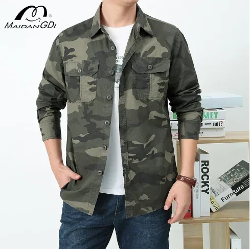 

MAIDANGDI Men's Camouflage Top Polo Shirt Oversized Shirt Button Up Jacket Loose Fit Pure Cotton Spring and Autumn