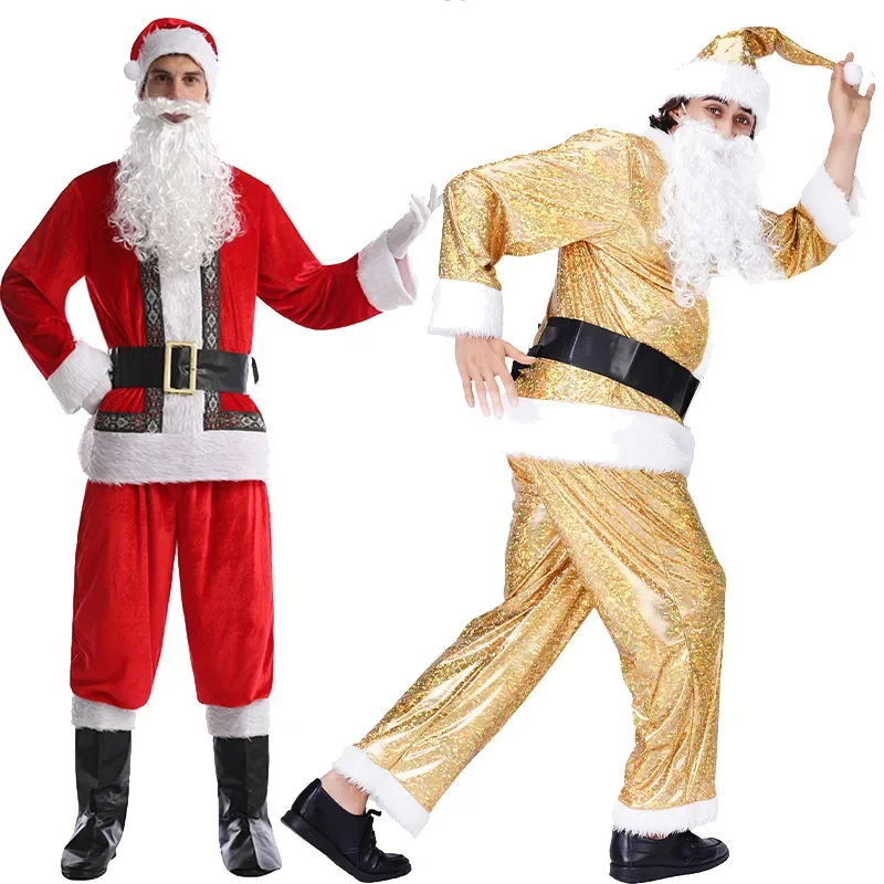 

Christmas Santa Claus Costume Men Gold Red Top Clothes Pants Hat Belt Beard Halloween Dress Up Suit Cosplay Festival Outfit