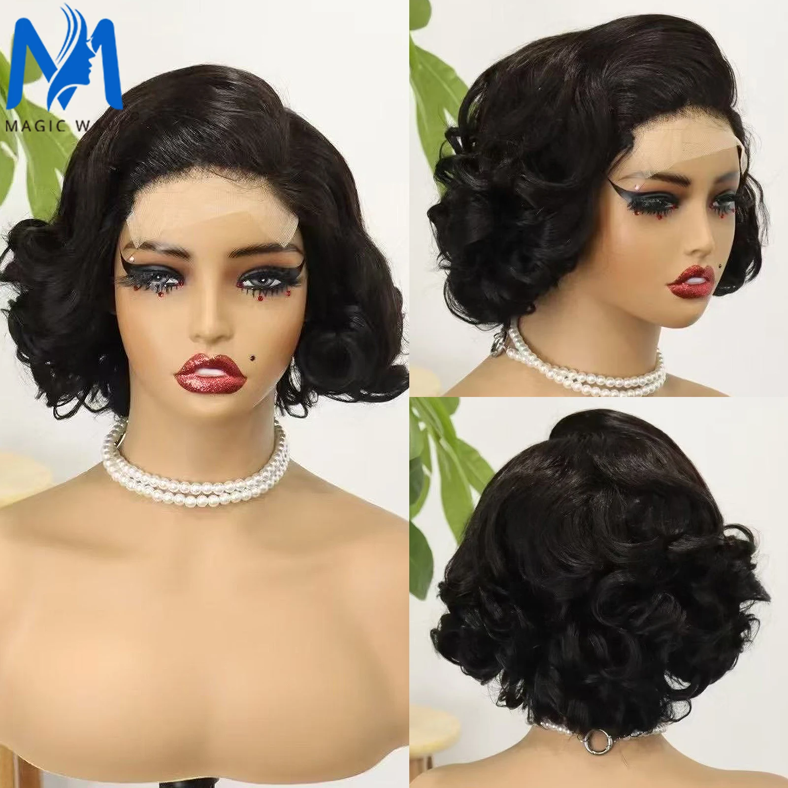 

200% Density Pixie Cut Human Hair Wig 4x4 Lace Closure Bouncy Curly Bob Hair Wig for Black Women Loose Wave Remy Human Hair Wig