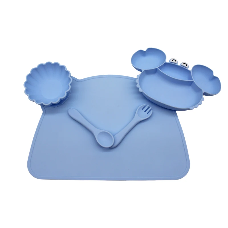 

Crab compartment plate children's tableware set with meal bib eating training bowl soft silicone baby autonomous