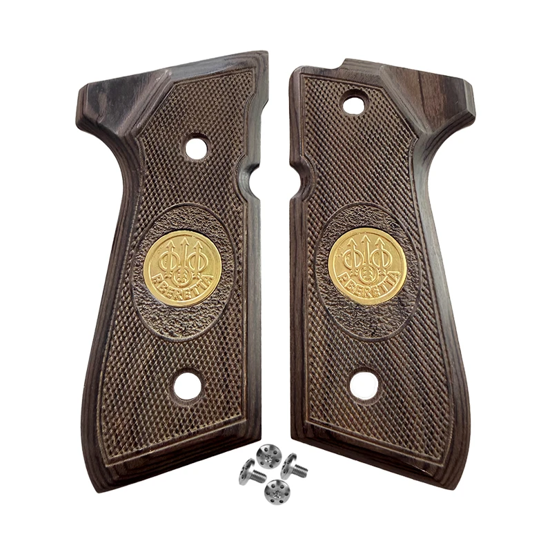 

CTG Beretta 92 fs grips walnut-colored diamond pattern wood with gold medaillon 92F