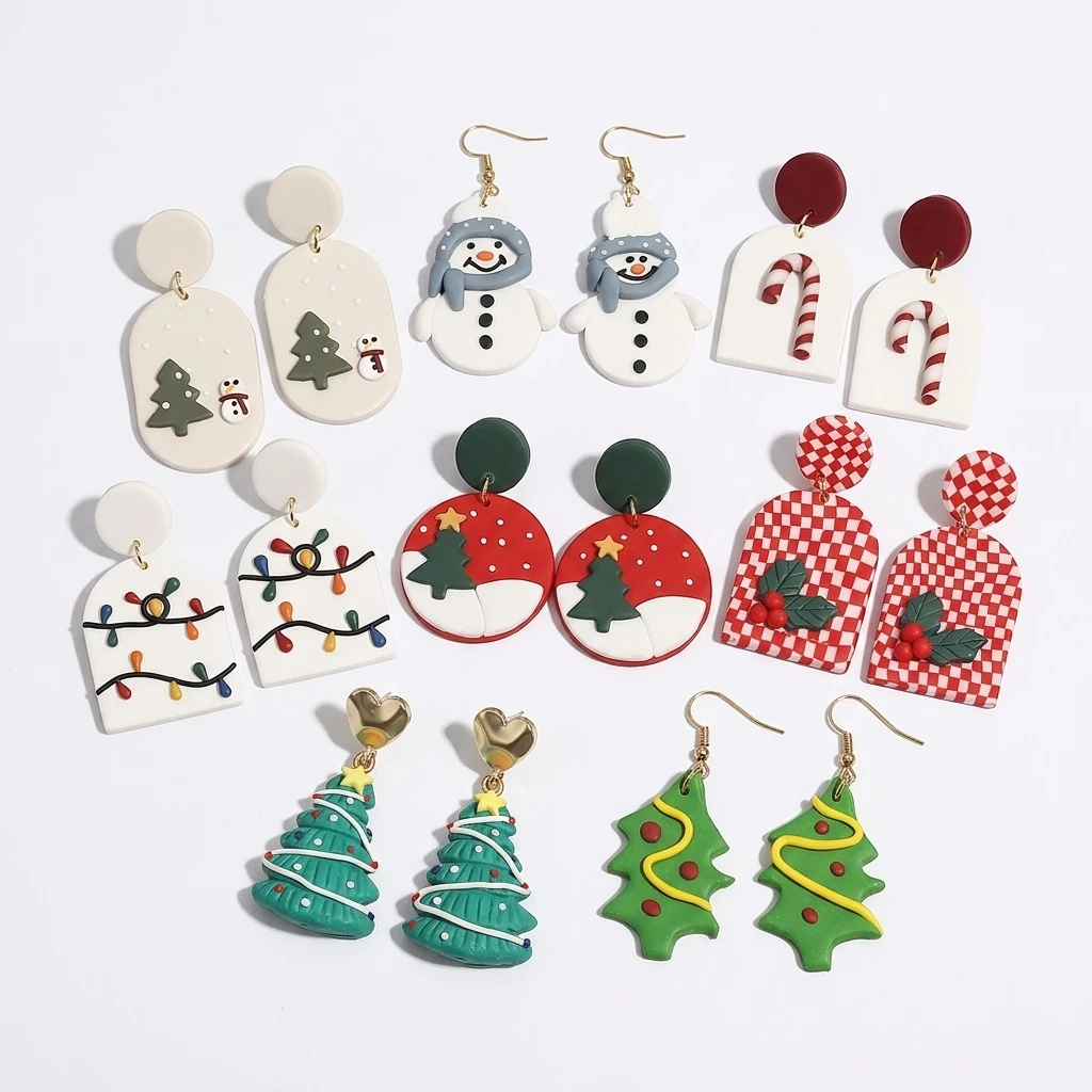 Freetry Creative Polymer Clay Snowman Pendant Earrings for Women Cute Green Christmas Tree Drop Earrings New Year Jewelry Gift