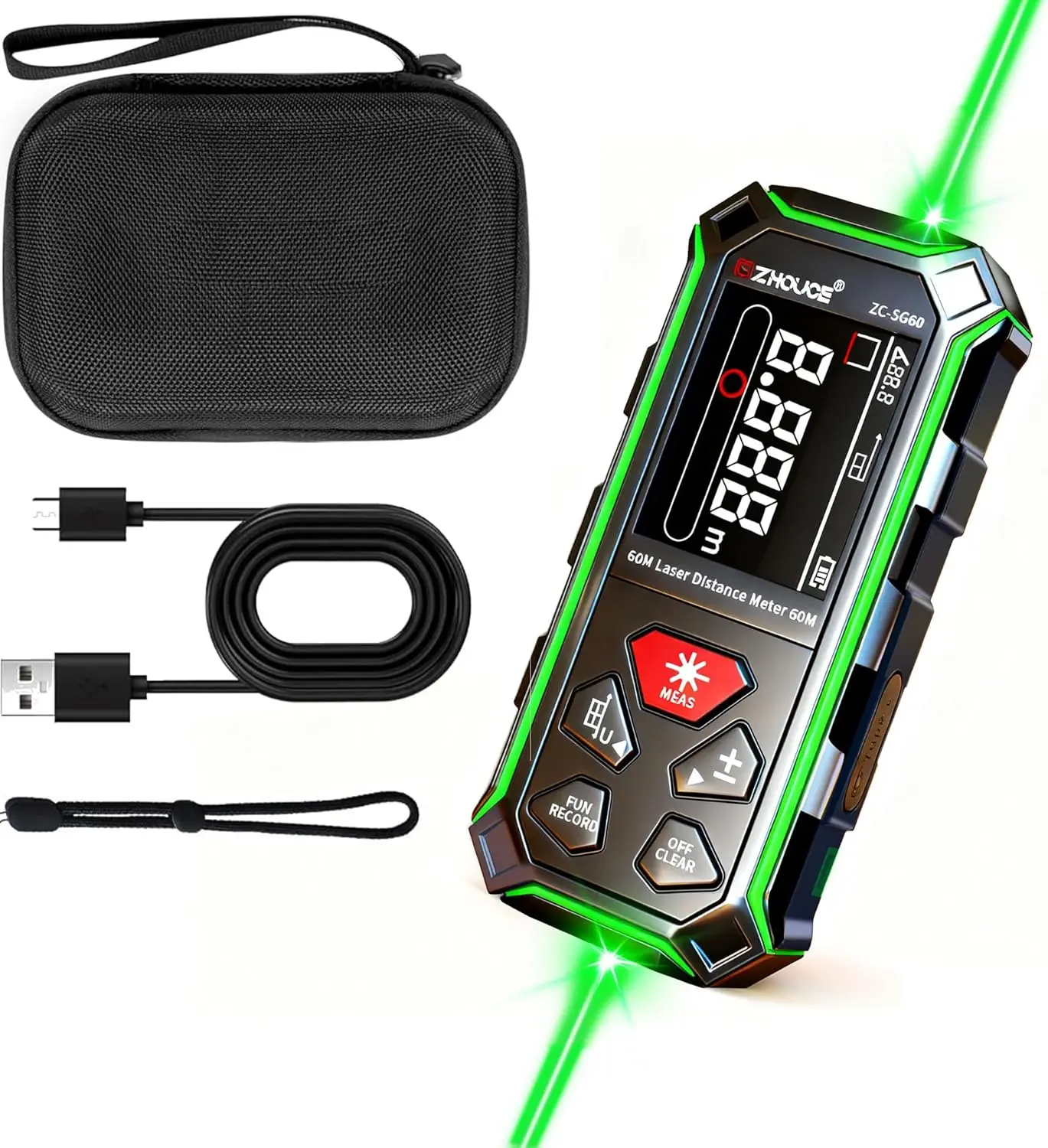 

Двухлучевой лазерный измерительный прибор, цифровой дальномер с зеленым лучом, дальностью 196 футов, с перезаряжаемым ЖК-дисплеем с подсветкой