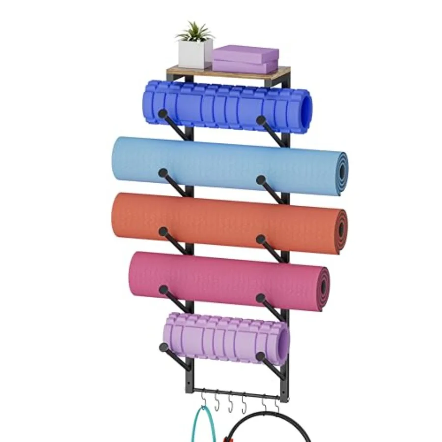 

5 Tiers Yoga Mat Holder Rack Wall Mount with 6 Hooks for Hanging Accessory Yoga Strap Foam Rollers Resistance Bands Yoga Mats O