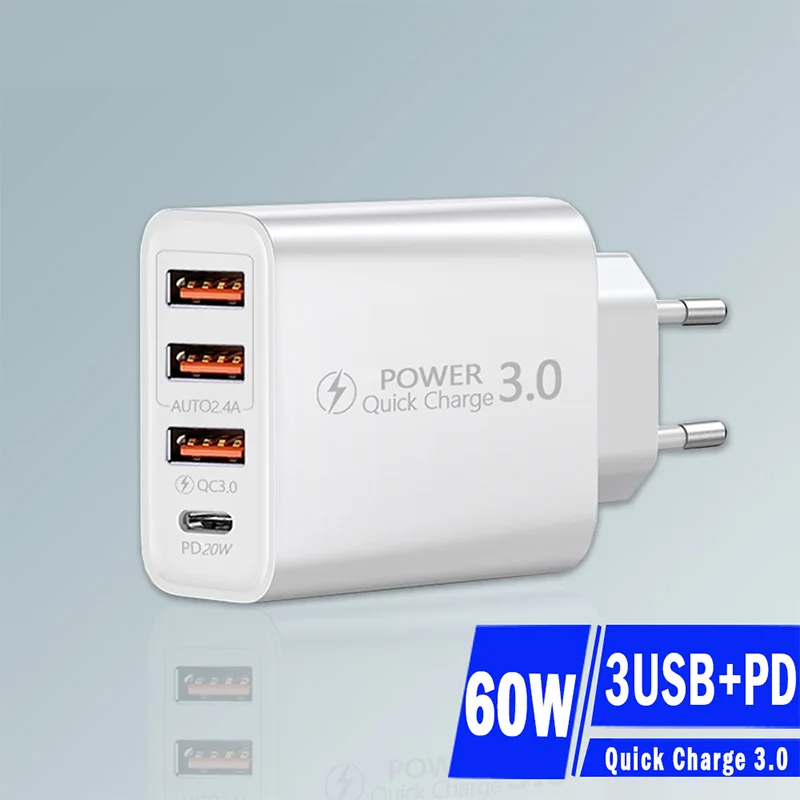 Cargador USB de carga rápida para teléfono móvil, adaptador de carga de pared 3,0 de 60W para iPhone, Samsung, Xiaomi y Huawei