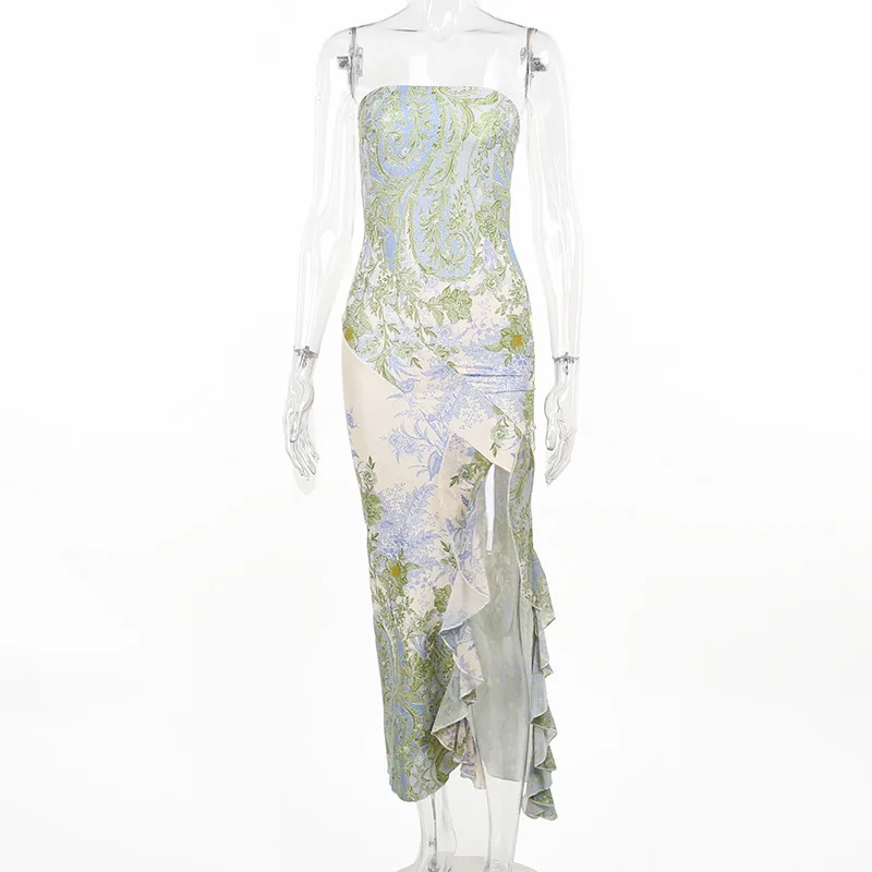 

Retro Sexy Strapless Print Flowers Ruffles Long Dress Light Green