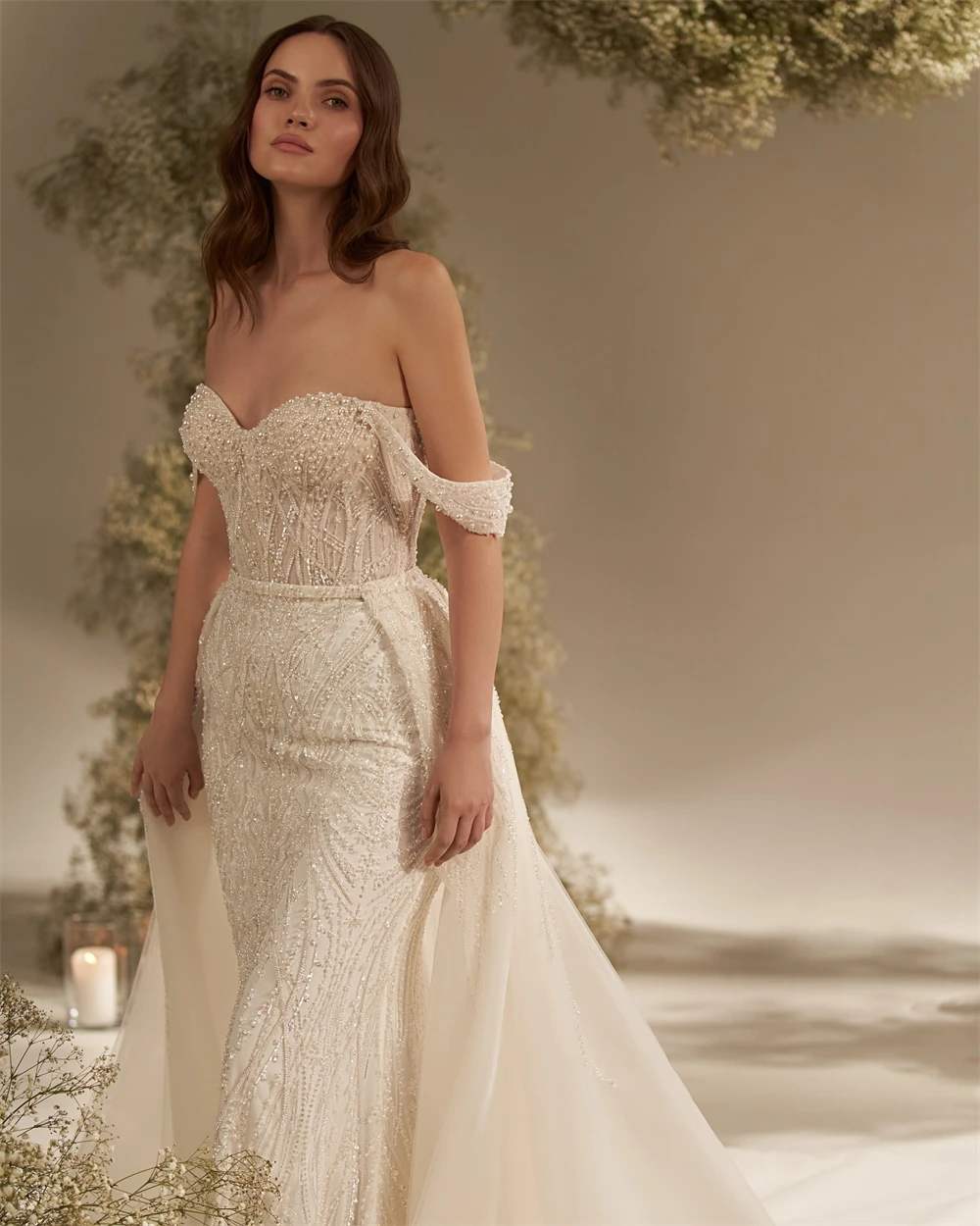 Customized Sexy Ivory Organza Wedding Dress Soft Sweetheart Off the Shoulder Bridal Gown Boho Mermaid Chapel Train Bridal Party