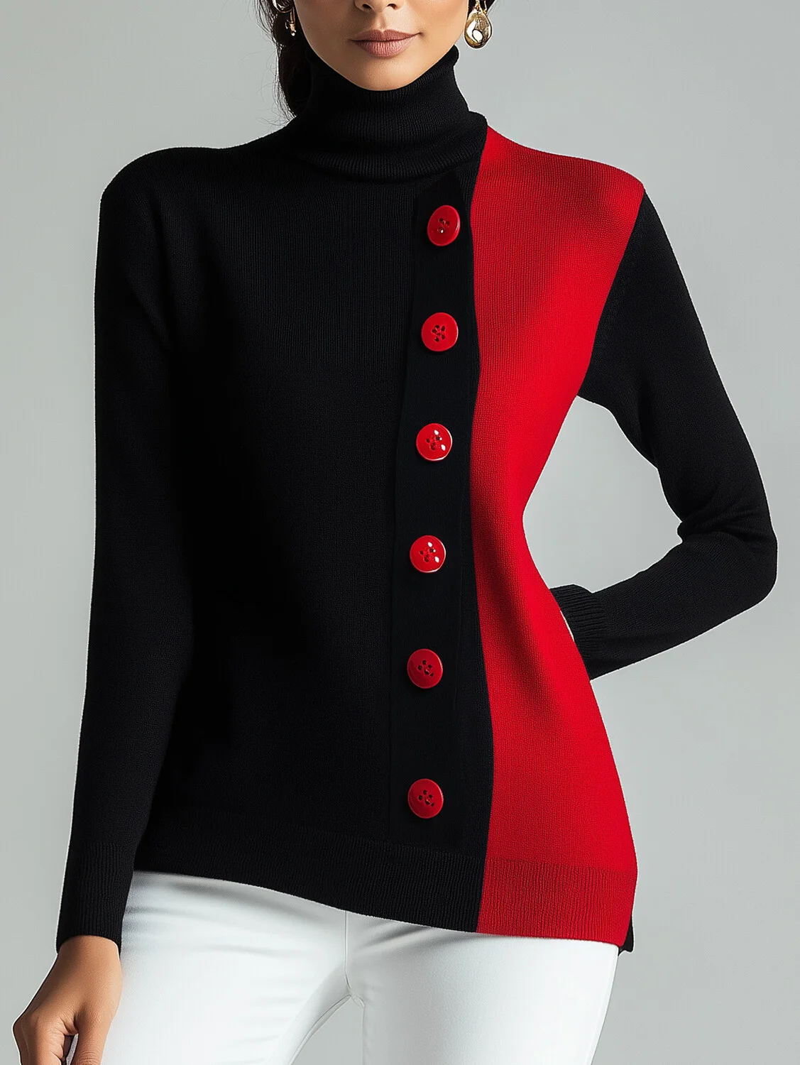 

2025 Autumn Winter Women Colorblock Button Long Sleeve Turtleneck Sweater Casual Soft Warm Femme Jumper Pullover Clothes