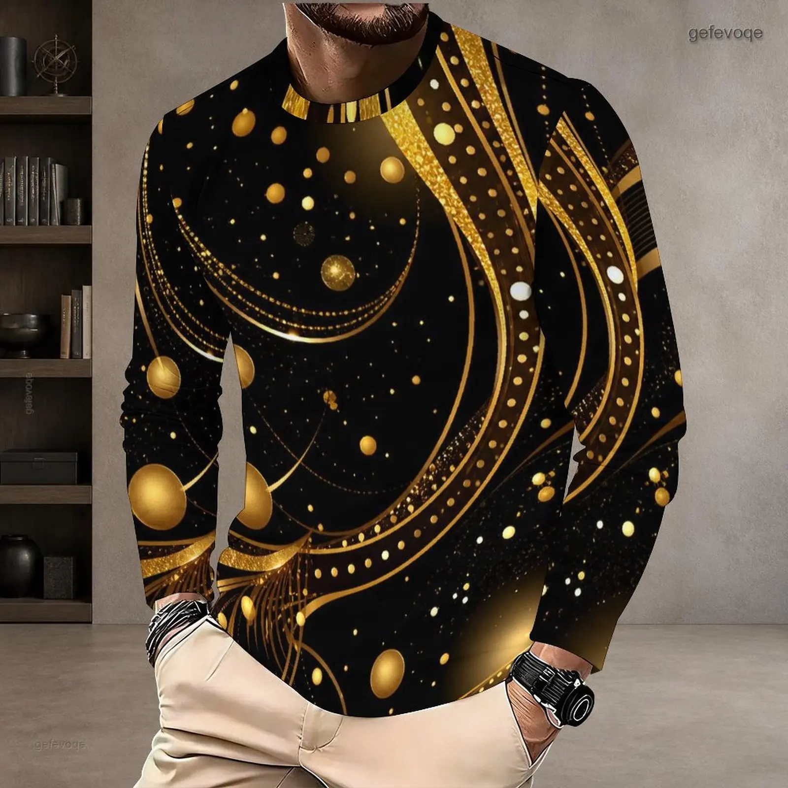 Men Black Blue Teal White Dotted Mandala Floral Printed Round Neck Long Sleeve T-Shirt