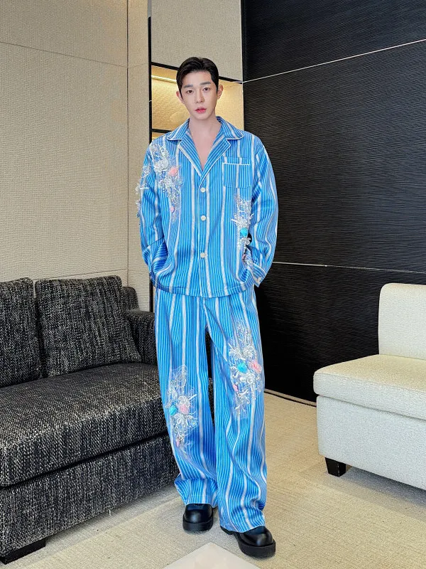 

Повседневный комплект Stage Sle M Faion с 3D-вышивкой и синими полосками: рубашка и длинные брюки для подростков, весенне-осенняя одежда