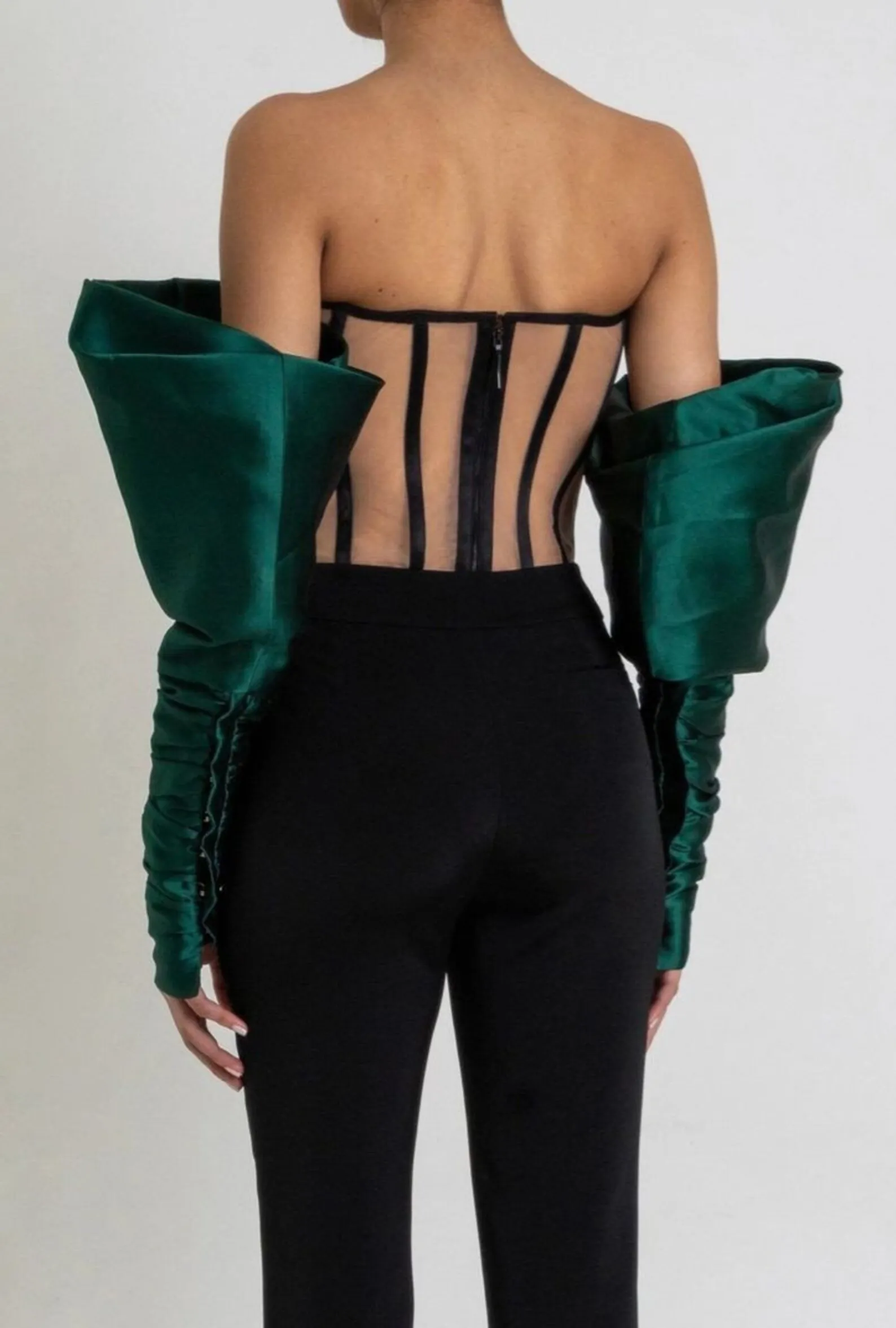 Canottiere corsetto verde moda con maniche staccabili scollo a v invisibile Backless Vintage Punk Top da donna per sfilata di pista #18449