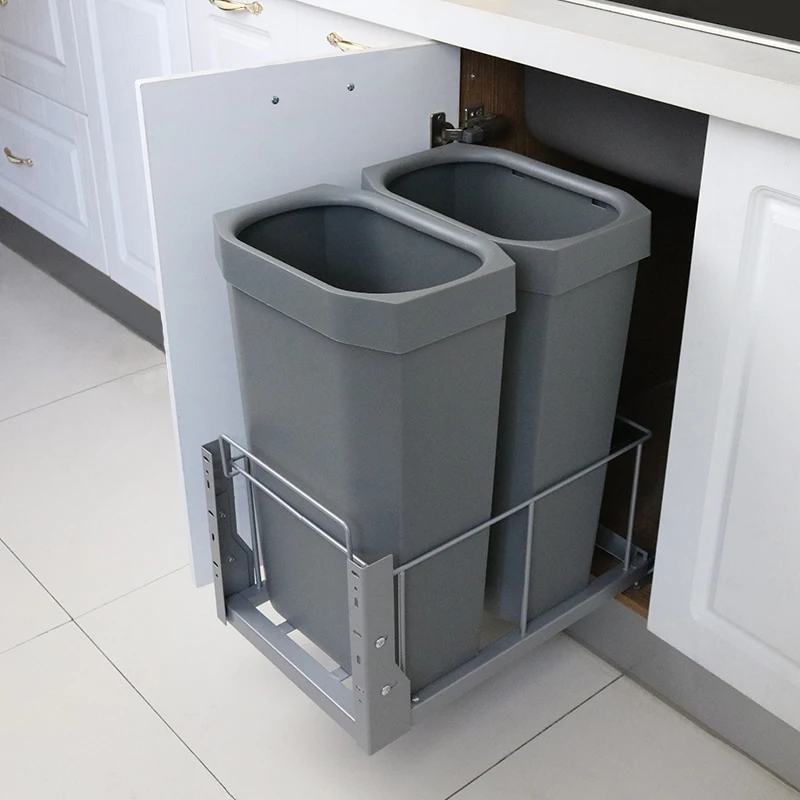 Kitchen extra high pull-out embedded hidden damping rail cabinet trash can dry and wet separation large household storage