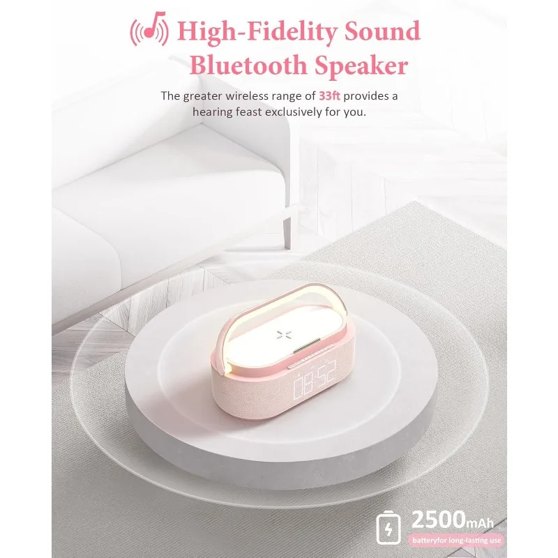 Bluetooth Speaker with Wireless Charger, FM Radio, Dimmable LED Night Light, Dual Wireless Speakers, 2500mAh Portable Speaker