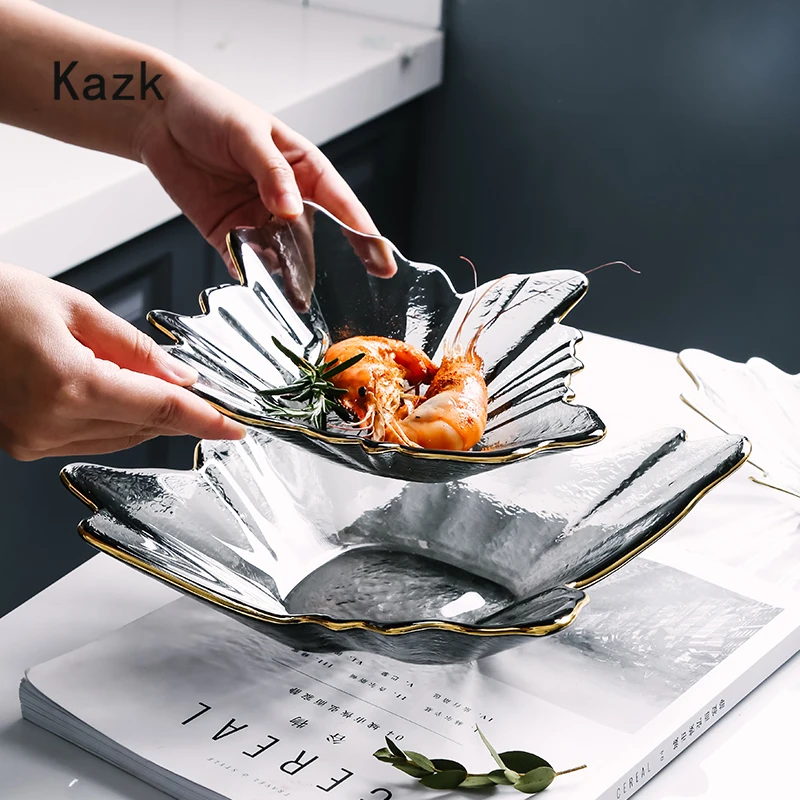 

Скандинавская нерегулярная стеклянная тарелка с золотым штрихом, ремесленный отель, бытовой обеденный стол, тарелки для фруктового салата, кухонный декор, десертные тарелки