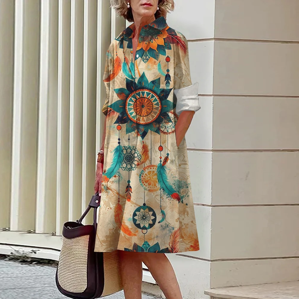 2024 Dream Catcher Feather Print Shirt Dress Women Elegant Ladies Commuter Dress Clothing Turn-down Collar Long-sleeved Dresses