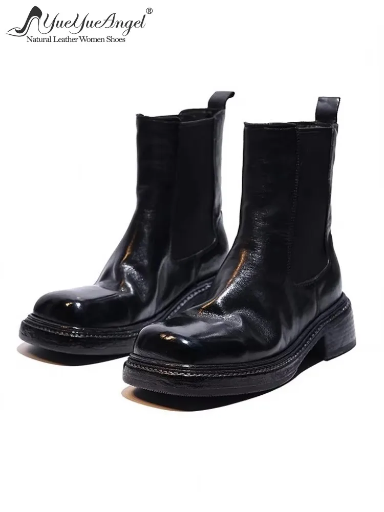 Square Toe Vintage Designer Handmade Horsehid Genuine Leather Boots Women Slip On Chunky Heel Shoes Lady Motorcycle Short Boots