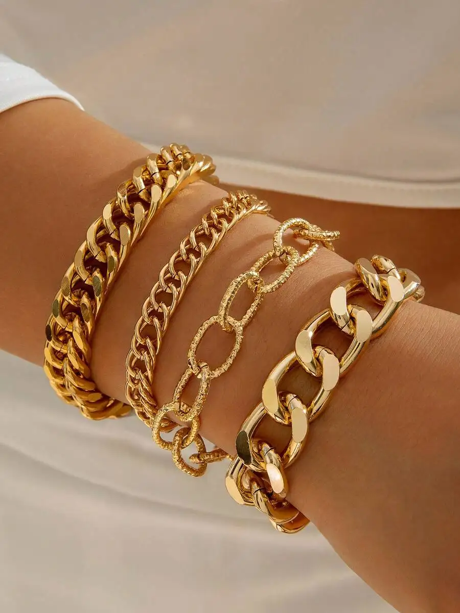 

4pcs/Set Minimalist Hollow Metal Chain Geometric Punk Style Chunky Chain Bracelets, Versatile Jewelry Gift Suitable For Daily We