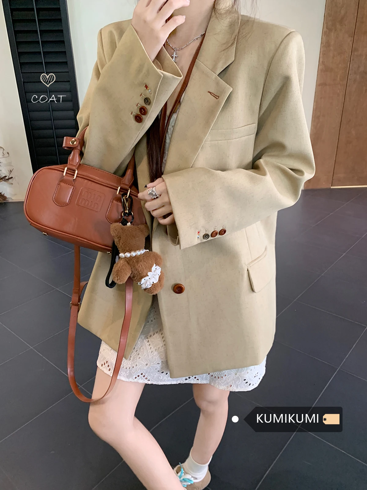 

UNXX Sophisticated Suit Collar Padded Shoulder Coat for Women Female Office Lady: Early Autumn Unique Loose Mid-length Outer Top